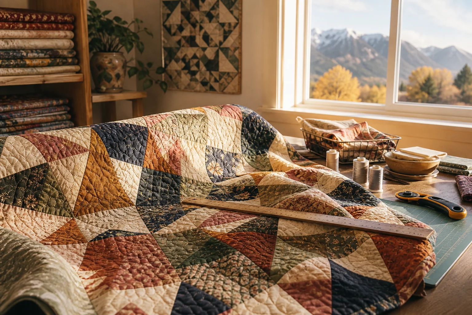 A pieced quilt, fabric, thread, and quilting tools in a sunlit studio overlooking Utah mountains